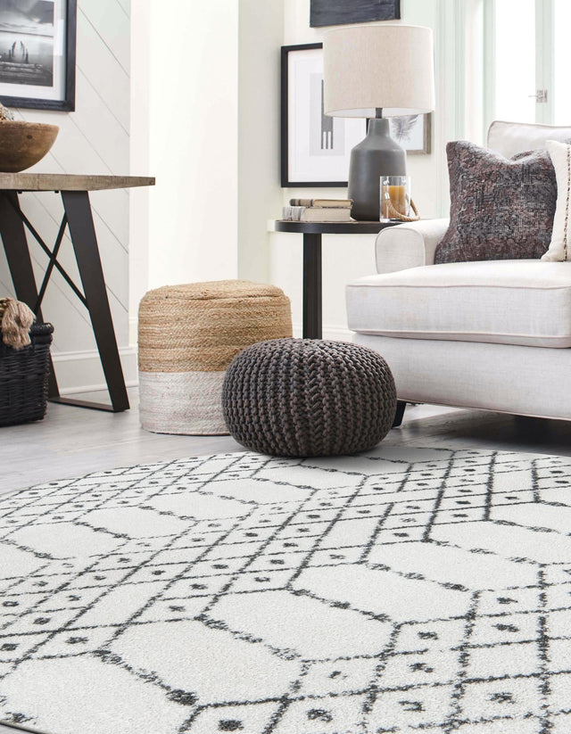 Ivory Black 3' x 3' Paxon Trellis Round Area Rug Geometric Durable Stain Resistant Easy Clean Carpet for Modern Interior Home Decor for Sale at Rug Engine