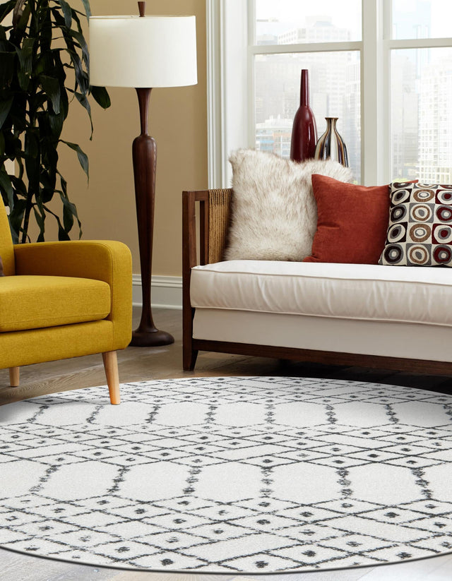 Ivory Black 5' 3 x 5' 3 Paxon Trellis Round Area Rug Geometric Durable Stain Resistant Easy Clean Carpet for Modern Interior Home Decor for Sale at Rug Engine