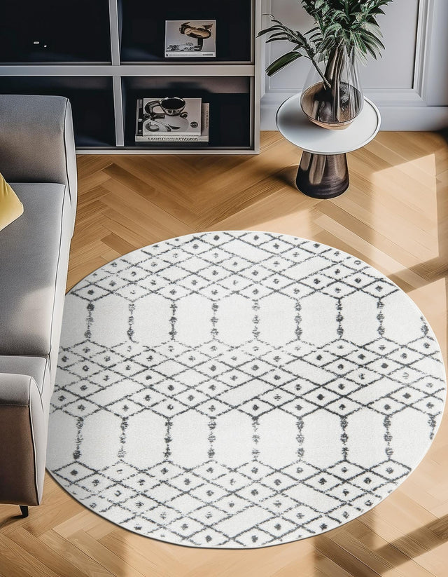 Ivory Black 5' 3 x 5' 3 Paxon Trellis Round Area Rug Geometric Durable Stain Resistant Easy Clean Carpet for Modern Interior Home Decor for Sale at Rug Engine