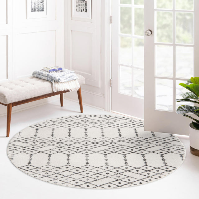 Ivory Black 5' 3 x 5' 3 Paxon Trellis Round Area Rug Geometric Durable Stain Resistant Easy Clean Carpet for Modern Interior Home Decor for Sale at Rug Engine