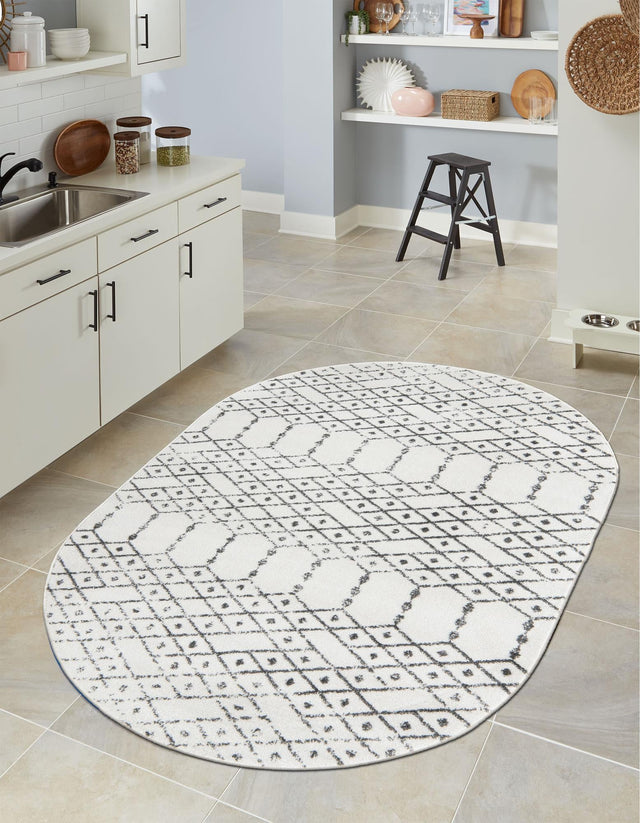 Ivory Black 5' 3 x 8' Paxon Trellis Oval Area Rug Geometric Durable Stain Resistant Easy Clean Carpet for Modern Interior Home Decor for Sale at Rug Engine