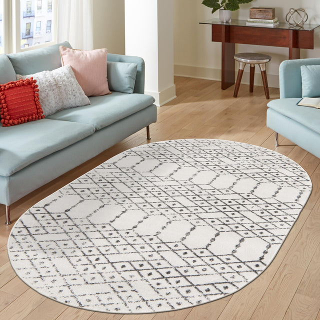 Ivory Black 7' 10 x 10' Paxon Trellis Oval Area Rug Geometric Durable Stain Resistant Easy Clean Carpet for Modern Interior Home Decor for Sale at Rug Engine
