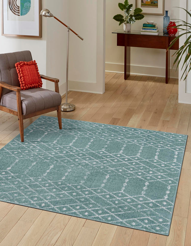 Aqua 5' 3 x 5' 3 Paxon Trellis Square Area Rug Geometric Durable Stain Resistant Easy Clean Carpet for Modern Interior Home Decor for Sale at Rug Engine