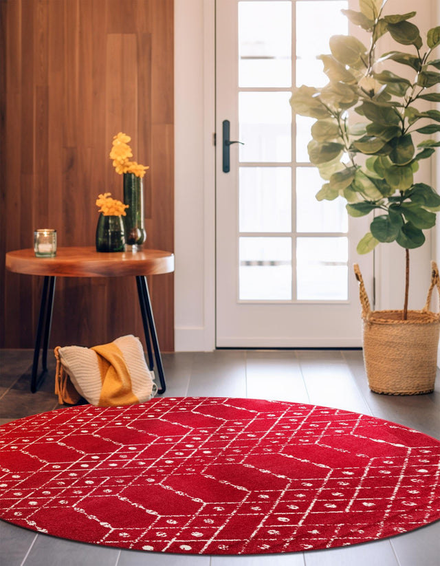 Raspberry Pink 7' 10 x 7' 10 Paxon Trellis Round Area Rug Geometric Durable Stain Resistant Easy Clean Carpet for Modern Interior Home Decor for Sale at Rug Engine