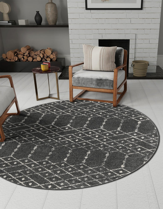 Charcoal Gray 7' 10 x 7' 10 Paxon Trellis Round Area Rug Geometric Durable Stain Resistant Easy Clean Carpet for Modern Interior Home Decor for Sale at Rug Engine