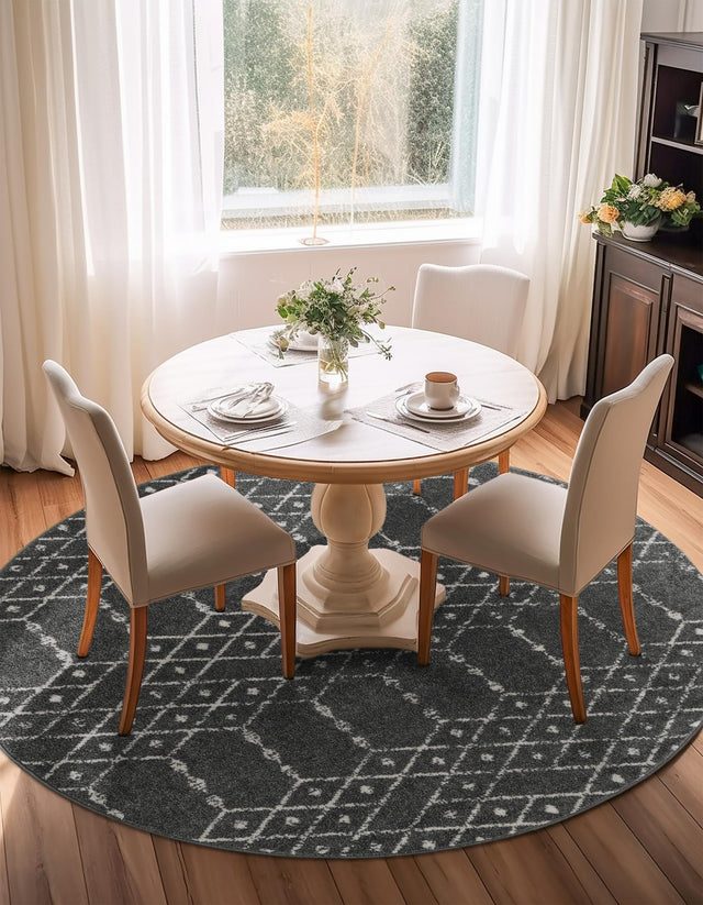 Charcoal Gray 7' 10 x 7' 10 Paxon Trellis Round Area Rug Geometric Durable Stain Resistant Easy Clean Carpet for Modern Interior Home Decor for Sale at Rug Engine