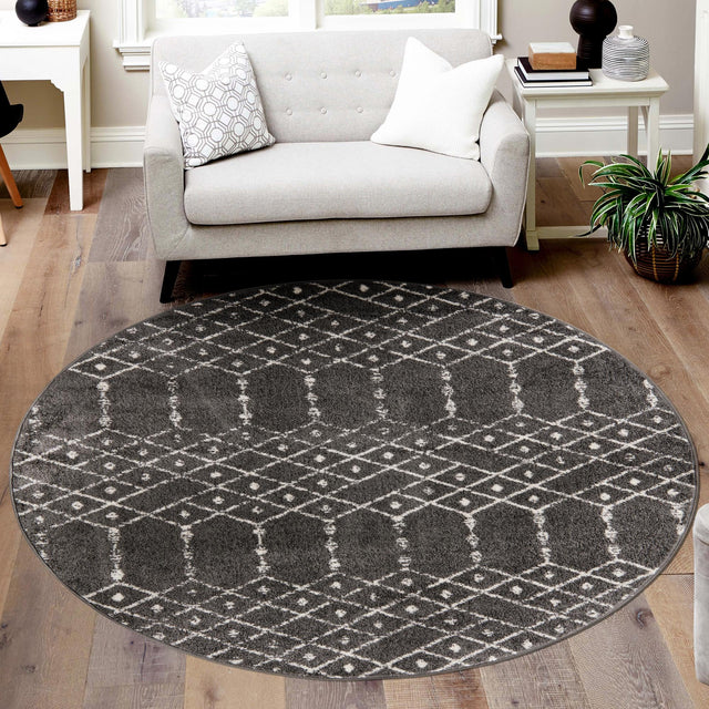 Charcoal Gray 7' 10 x 7' 10 Paxon Trellis Round Area Rug Geometric Durable Stain Resistant Easy Clean Carpet for Modern Interior Home Decor for Sale at Rug Engine
