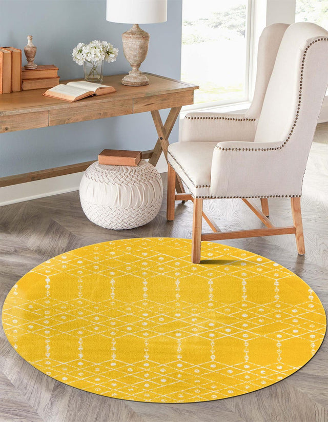 Yellow 5' 3 x 5' 3 Paxon Trellis Round Area Rug Geometric Durable Stain Resistant Easy Clean Carpet for Modern Interior Home Decor for Sale at Rug Engine