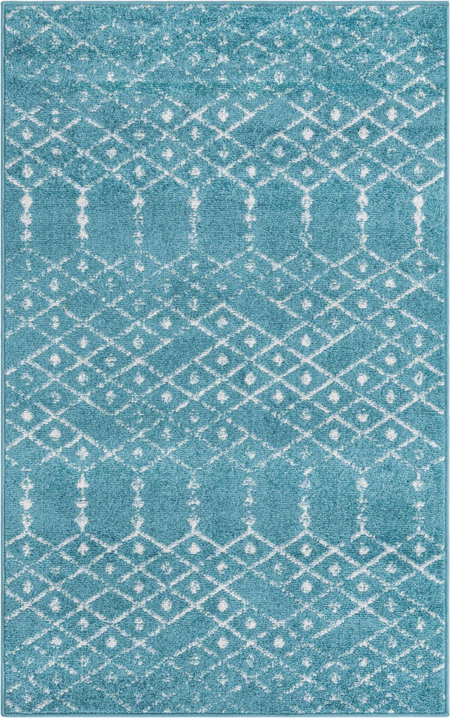 Teal blue 3' 3 x 5' 3 Paxon Trellis Rectangle Area Rug Geometric Durable Stain Resistant Easy Clean Carpet for Modern Interior Home Decor for Sale at Rug Engine