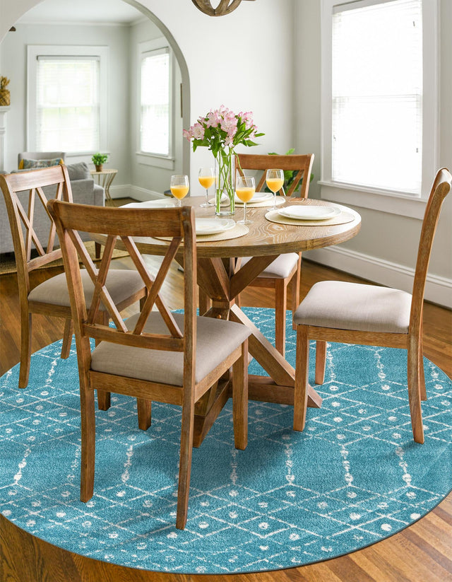 Teal blue 5' 3 x 5' 3 Paxon Trellis Round Area Rug Geometric Durable Stain Resistant Easy Clean Carpet for Modern Interior Home Decor for Sale at Rug Engine