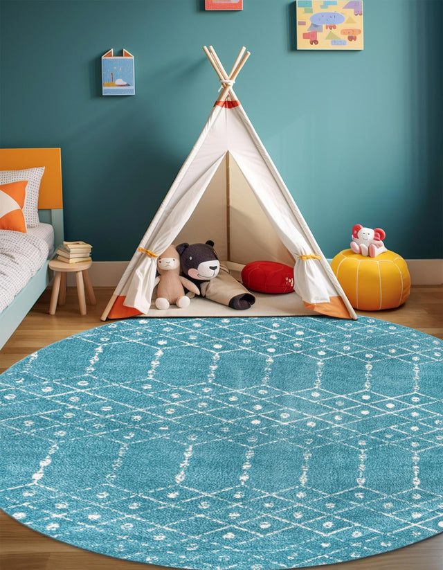 Teal blue 3' x 3' Paxon Trellis Round Area Rug Geometric Durable Stain Resistant Easy Clean Carpet for Modern Interior Home Decor for Sale at Rug Engine