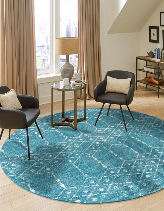 Teal blue 7' 10 x 7' 10 Paxon Trellis Round Area Rug Geometric Durable Stain Resistant Easy Clean Carpet for Modern Interior Home Decor for Sale at Rug Engine