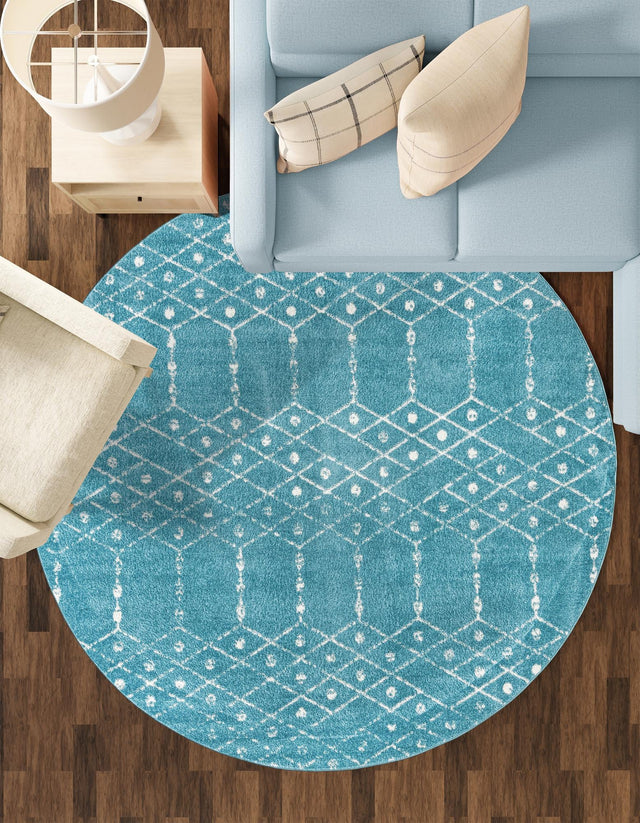 Teal blue 5' 3 x 5' 3 Paxon Trellis Round Area Rug Geometric Durable Stain Resistant Easy Clean Carpet for Modern Interior Home Decor for Sale at Rug Engine