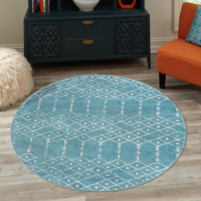 Teal blue 5' 3 x 5' 3 Paxon Trellis Round Area Rug Geometric Durable Stain Resistant Easy Clean Carpet for Modern Interior Home Decor for Sale at Rug Engine