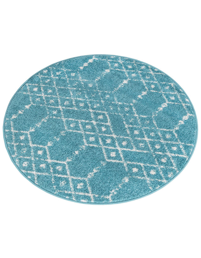 Teal blue 3' x 3' Paxon Trellis Round Area Rug Geometric Durable Stain Resistant Easy Clean Carpet for Modern Interior Home Decor for Sale at Rug Engine