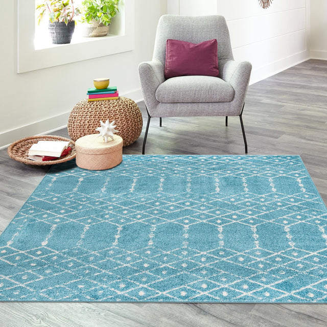 Teal blue 5' 3 x 5' 3 Paxon Trellis Square Area Rug Geometric Durable Stain Resistant Easy Clean Carpet for Modern Interior Home Decor for Sale at Rug Engine