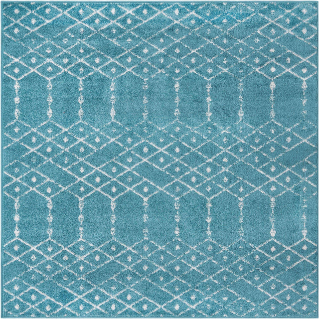 Teal blue 4' x 4' Paxon Trellis Square Area Rug Geometric Durable Stain Resistant Easy Clean Carpet for Modern Interior Home Decor for Sale at Rug Engine