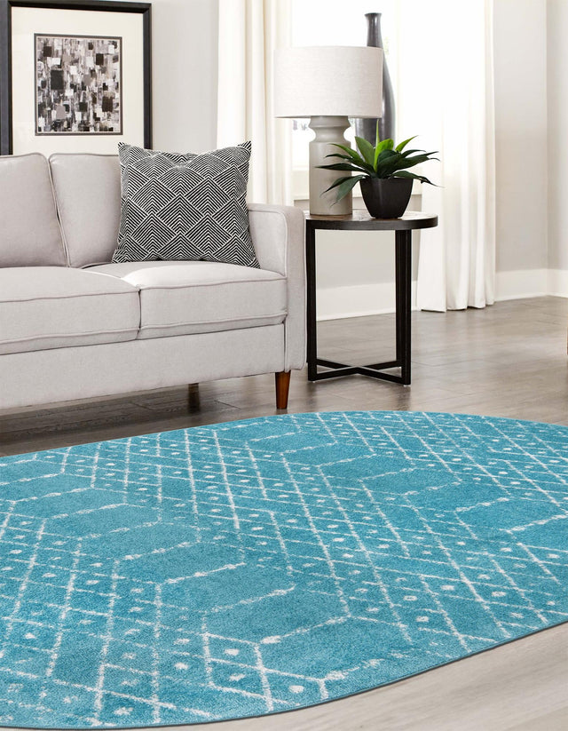 Teal blue 5' 3 x 8' Paxon Trellis Oval Area Rug Geometric Durable Stain Resistant Easy Clean Carpet for Modern Interior Home Decor for Sale at Rug Engine