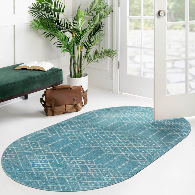 Teal blue 7' 10 x 10' Paxon Trellis Oval Area Rug Geometric Durable Stain Resistant Easy Clean Carpet for Modern Interior Home Decor for Sale at Rug Engine