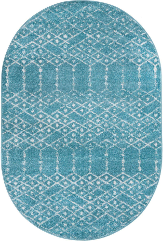 Teal blue 4' x 6' Paxon Trellis Oval Area Rug Geometric Durable Stain Resistant Easy Clean Carpet for Modern Interior Home Decor for Sale at Rug Engine