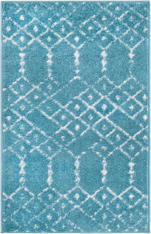 Teal blue 2' x 3' Paxon Trellis Rectangle Area Rug Geometric Durable Stain Resistant Easy Clean Carpet for Modern Interior Home Decor for Sale at Rug Engine