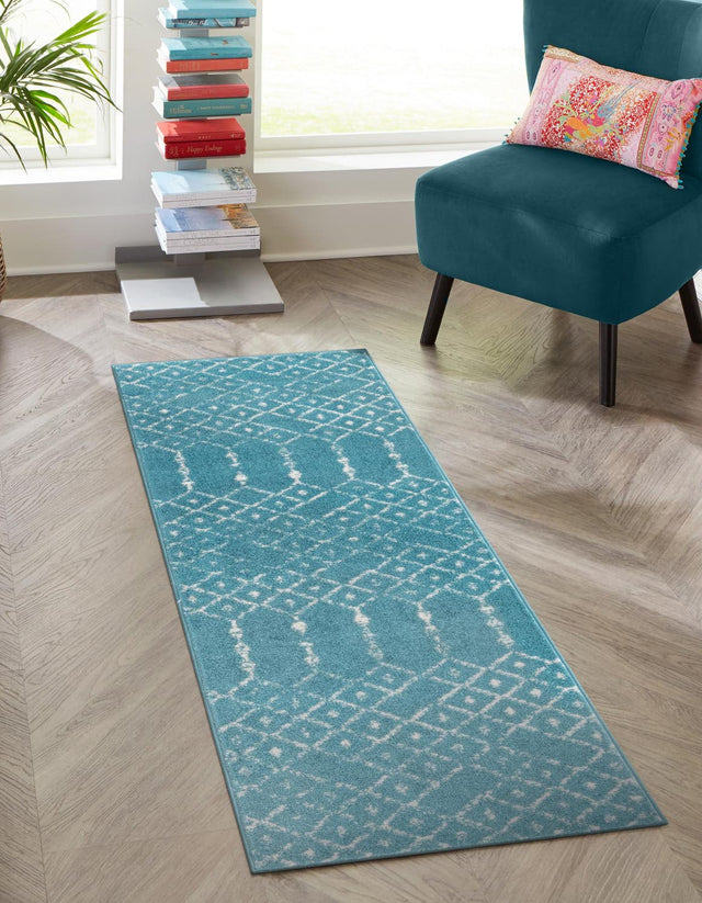 Teal blue 2' x 9' 10 Paxon Trellis Runner Area Rug Geometric Durable Stain Resistant Easy Clean Carpet for Modern Interior Home Decor for Sale at Rug Engine