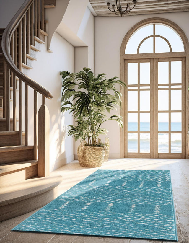 Teal blue 2' x 9' 10 Paxon Trellis Runner Area Rug Geometric Durable Stain Resistant Easy Clean Carpet for Modern Interior Home Decor for Sale at Rug Engine