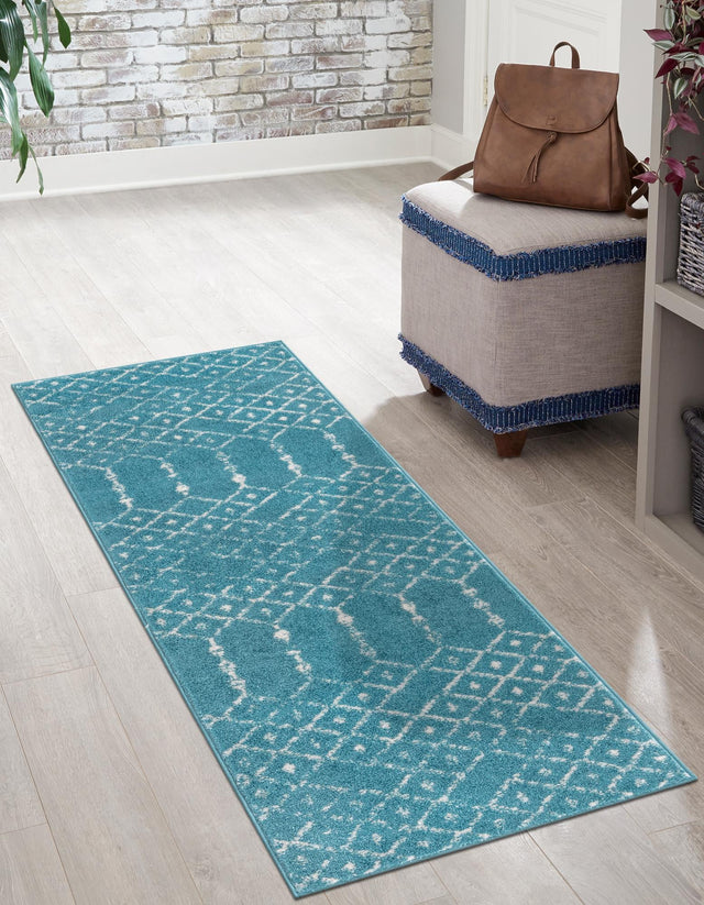 Teal blue 2' x 9' 10 Paxon Trellis Runner Area Rug Geometric Durable Stain Resistant Easy Clean Carpet for Modern Interior Home Decor for Sale at Rug Engine