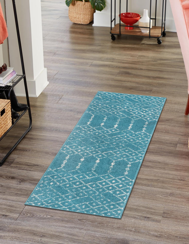 Teal blue 2' x 9' 10 Paxon Trellis Runner Area Rug Geometric Durable Stain Resistant Easy Clean Carpet for Modern Interior Home Decor for Sale at Rug Engine