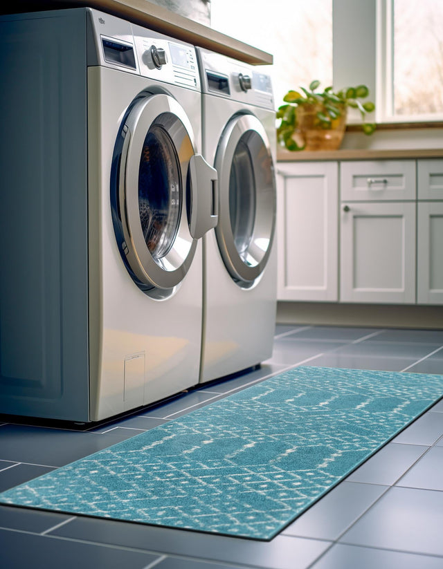 Teal blue 2' x 6' Paxon Trellis Runner Area Rug Geometric Durable Stain Resistant Easy Clean Carpet for Modern Interior Home Decor for Sale at Rug Engine