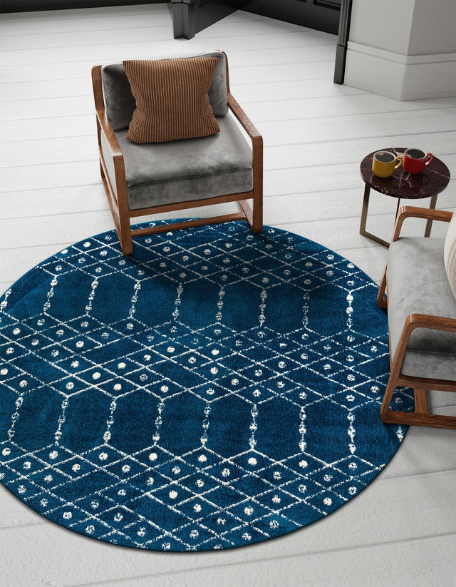 Navy Blue 7' 10 x 7' 10 Paxon Trellis Round Area Rug Geometric Durable Stain Resistant Easy Clean Carpet for Modern Interior Home Decor for Sale at Rug Engine