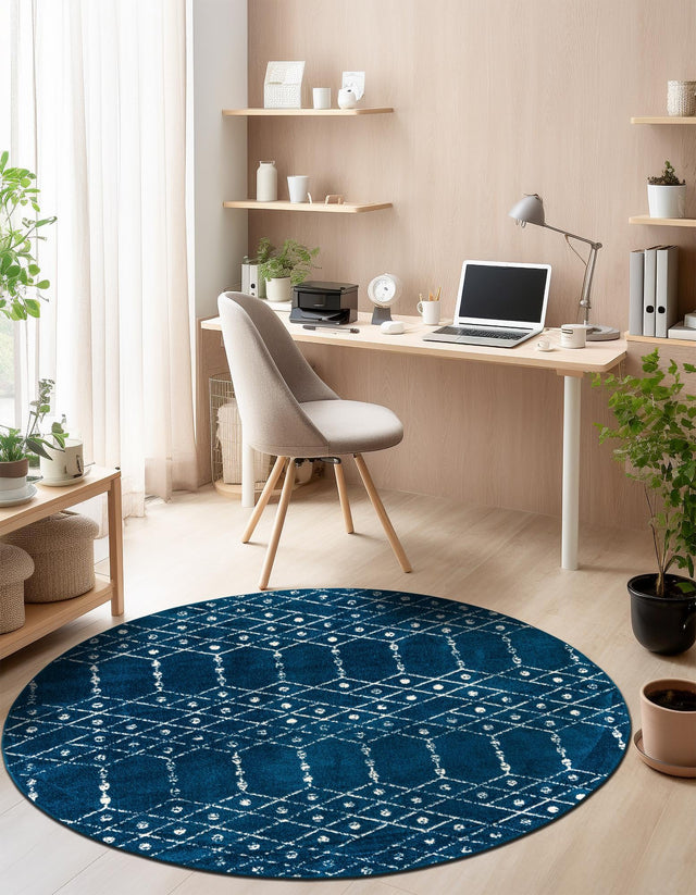Navy Blue 7' 10 x 7' 10 Paxon Trellis Round Area Rug Geometric Durable Stain Resistant Easy Clean Carpet for Modern Interior Home Decor for Sale at Rug Engine