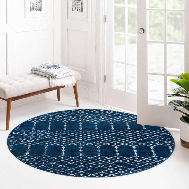 Navy Blue 3' x 3' Paxon Trellis Round Area Rug Geometric Durable Stain Resistant Easy Clean Carpet for Modern Interior Home Decor for Sale at Rug Engine