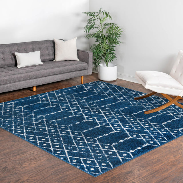 Navy Blue 7' 10 x 7' 10 Paxon Trellis Square Area Rug Geometric Durable Stain Resistant Easy Clean Carpet for Modern Interior Home Decor for Sale at Rug Engine