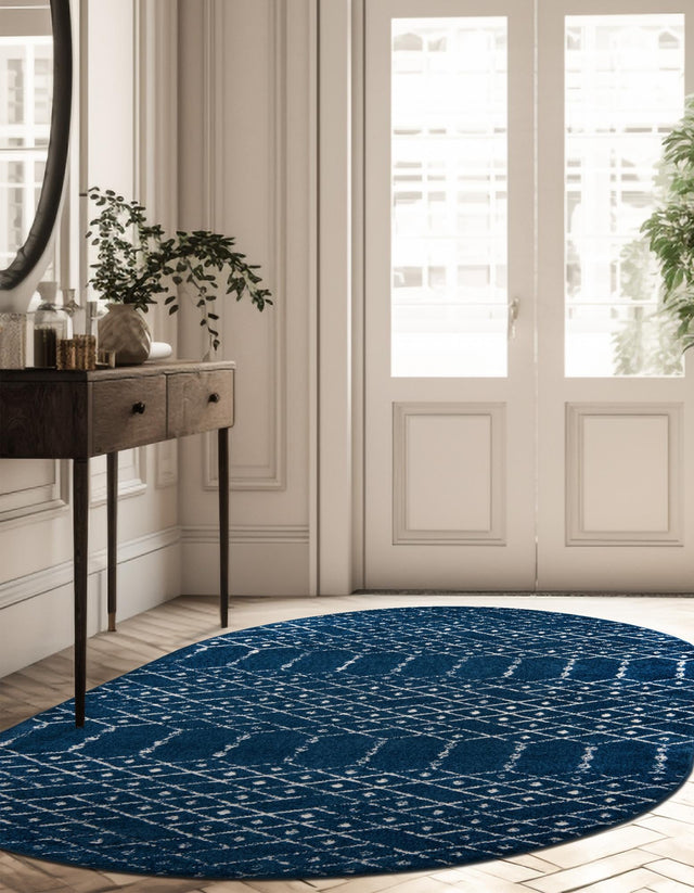 Navy Blue 7' 10 x 10' Paxon Trellis Oval Area Rug Geometric Durable Stain Resistant Easy Clean Carpet for Modern Interior Home Decor for Sale at Rug Engine