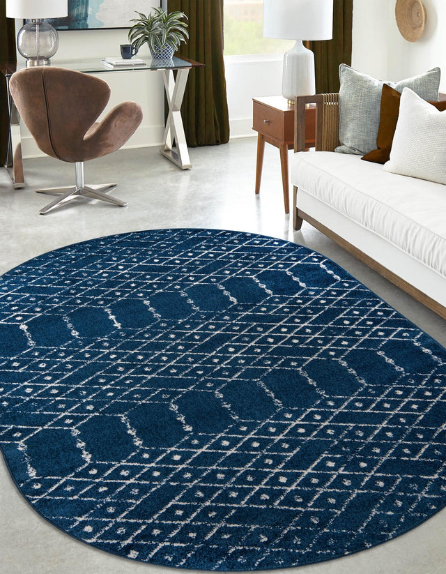 Navy Blue 5' 3 x 8' Paxon Trellis Oval Area Rug Geometric Durable Stain Resistant Easy Clean Carpet for Modern Interior Home Decor for Sale at Rug Engine