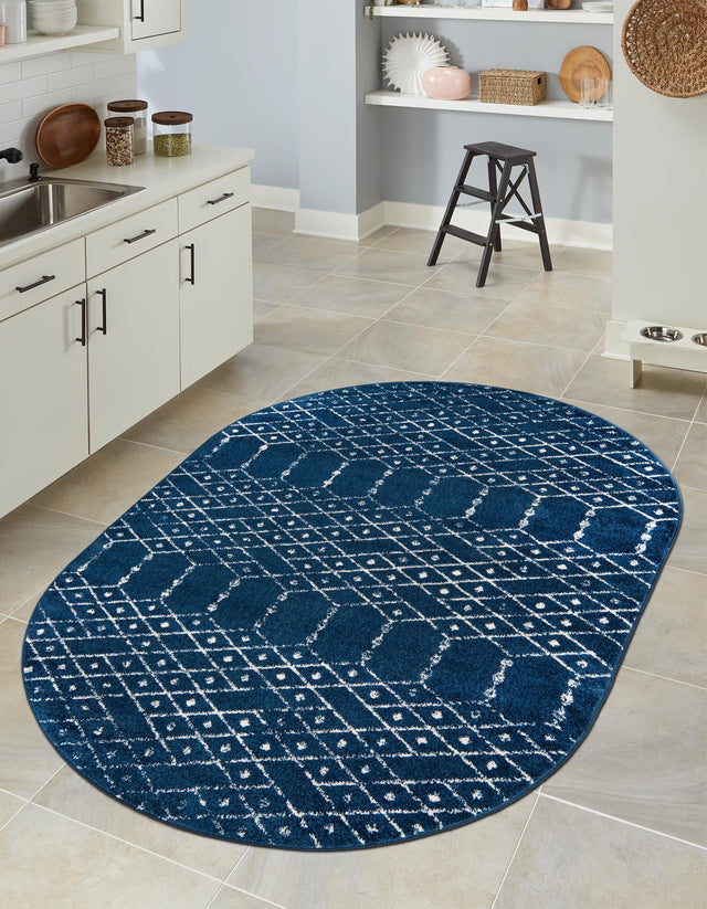Navy Blue 7' 10 x 10' Paxon Trellis Oval Area Rug Geometric Durable Stain Resistant Easy Clean Carpet for Modern Interior Home Decor for Sale at Rug Engine