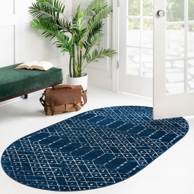Navy Blue 7' 10 x 10' Paxon Trellis Oval Area Rug Geometric Durable Stain Resistant Easy Clean Carpet for Modern Interior Home Decor for Sale at Rug Engine