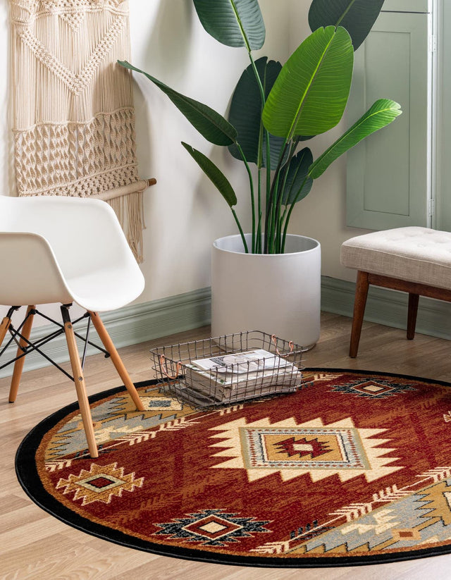 Red 8' x 8' Pioneer Round Area Rug Classic Southwestern Motif Durable Stain Resistant Easy Clean Carpet for Traditional Interior Decor for Sale at Rug Engine