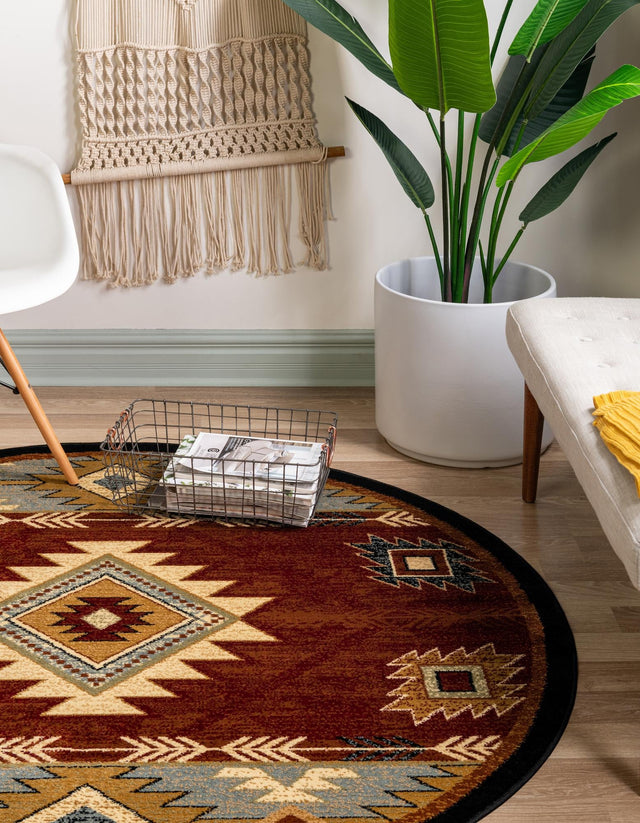 Red 8' x 8' Pioneer Round Area Rug Classic Southwestern Motif Durable Stain Resistant Easy Clean Carpet for Traditional Interior Decor for Sale at Rug Engine