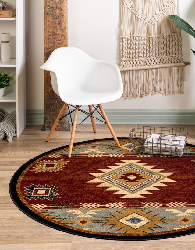 Red 8' x 8' Pioneer Round Area Rug Classic Southwestern Motif Durable Stain Resistant Easy Clean Carpet for Traditional Interior Decor for Sale at Rug Engine