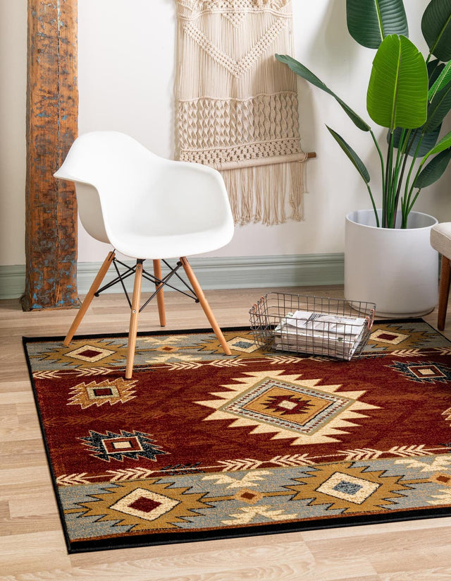 Red 7' 10 x 7' 10 Pioneer Square Area Rug Classic Southwestern Motif Durable Stain Resistant Easy Clean Carpet for Traditional Interior Decor for Sale at Rug Engine