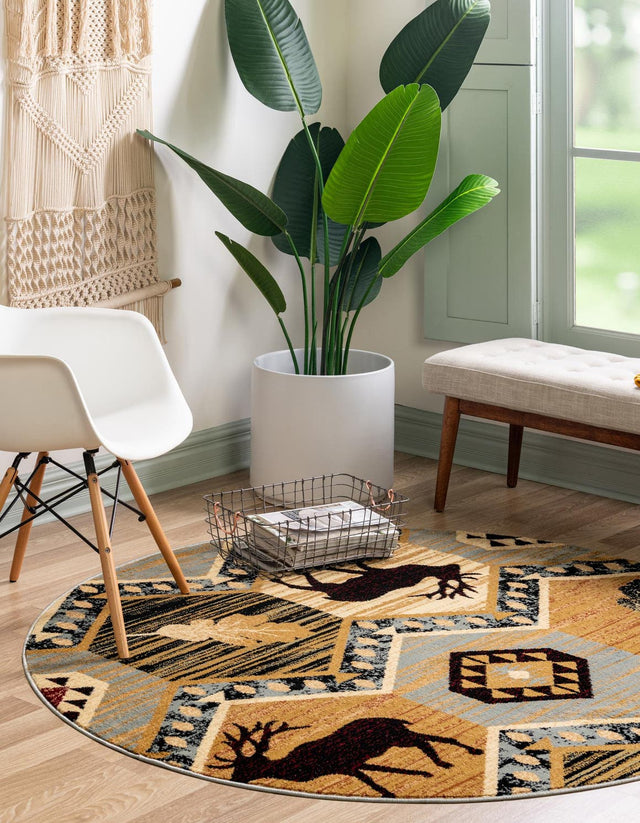 Blue 7' 10 x 7' 10 Pioneer Round Area Rug Classic Southwestern Motif Durable Stain Resistant Easy Clean Carpet for Traditional Interior Decor for Sale at Rug Engine