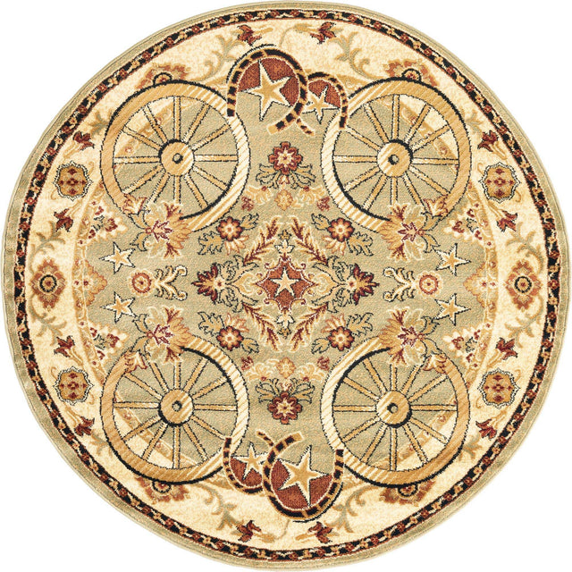 Green 5' 3 x 5' 3 Pioneer Round Area Rug Classic Southwestern Motif Durable Stain Resistant Easy Clean Carpet for Traditional Interior Decor for Sale at Rug Engine