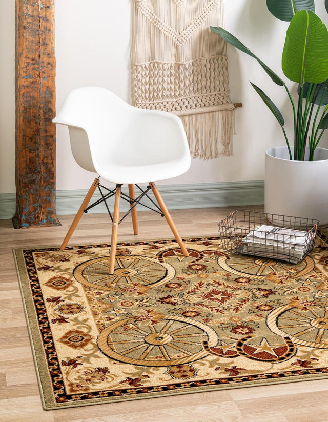 Green 5' 3 x 5' 3 Pioneer Square Area Rug Classic Southwestern Motif Durable Stain Resistant Easy Clean Carpet for Traditional Interior Decor for Sale at Rug Engine