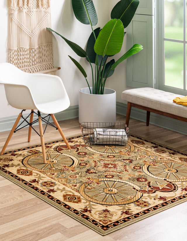Green 5' 3 x 5' 3 Pioneer Square Area Rug Classic Southwestern Motif Durable Stain Resistant Easy Clean Carpet for Traditional Interior Decor for Sale at Rug Engine