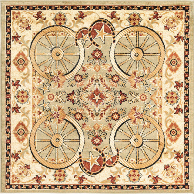 Green 5' 3 x 5' 3 Pioneer Square Area Rug Classic Southwestern Motif Durable Stain Resistant Easy Clean Carpet for Traditional Interior Decor for Sale at Rug Engine