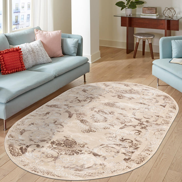 Beige 5' 3 x 8' Finsbury Oval Area Rug 60% Polypropylene & 40% Polyester Contemporary Carpet for Living Rooms, Dining, Offices for Sale at Rug Engine