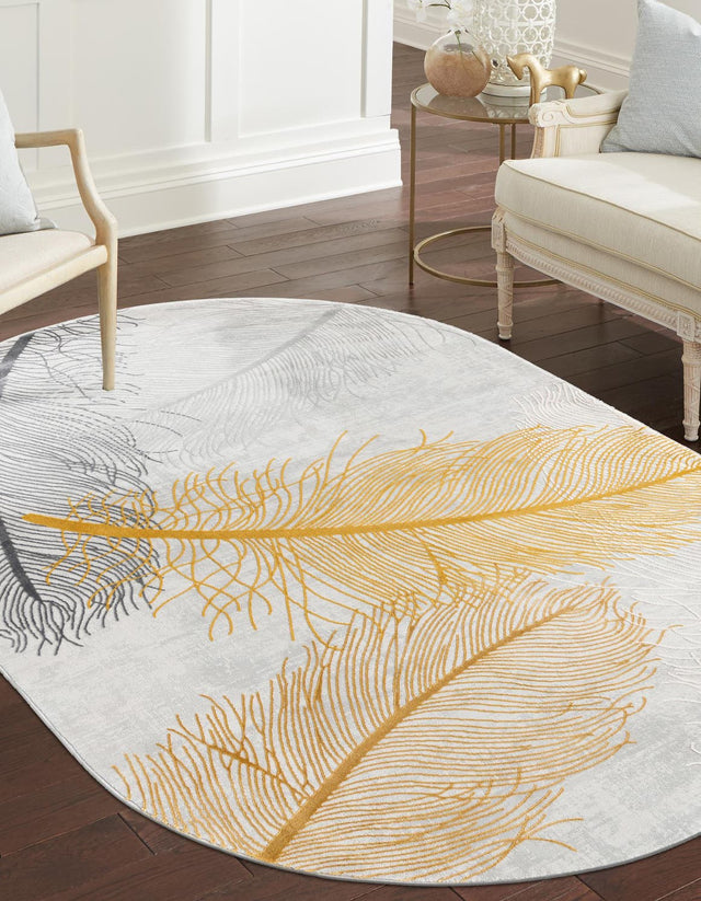 Yellow Gray 5' 3 x 8' Finsbury Oval Area Rug 60% Polypropylene & 40% Polyester Contemporary Carpet for Living Rooms, Dining, Offices for Sale at Rug Engine
