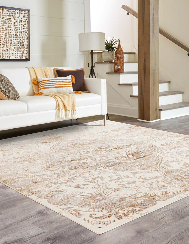 Cream 7' 10 x 7' 10 Highbury Square Area Rug 60% Polypropylene & 40% Polyester With Jute Backing Vintage Distressed Traditional Carpet for Sale at Rug Engine